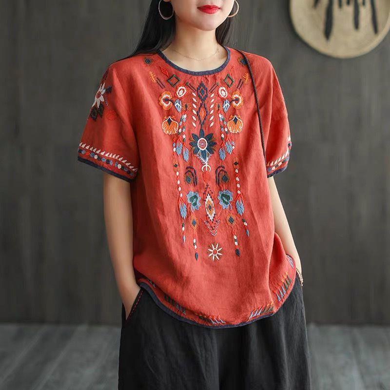 Cotton And Linen Embroidered T-shirt Artistic Loose Pullover Top