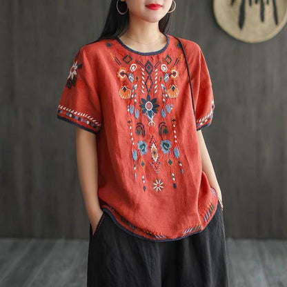 Cotton And Linen Embroidered T-shirt Artistic Loose Pullover Top
