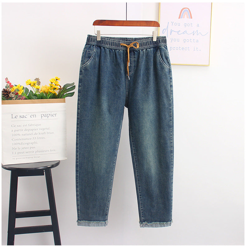 Elastic Waist Loose Wide Leg Jeans Extra Large Size Straight-leg Pants High Elastic