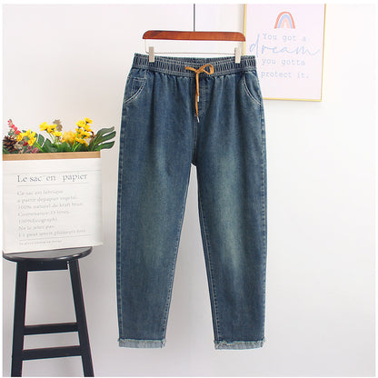 Elastic Waist Loose Wide Leg Jeans Extra Large Size Straight-leg Pants High Elastic