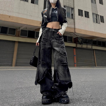 High Street Distressed Cargo Jeans Wide Leg Trousers