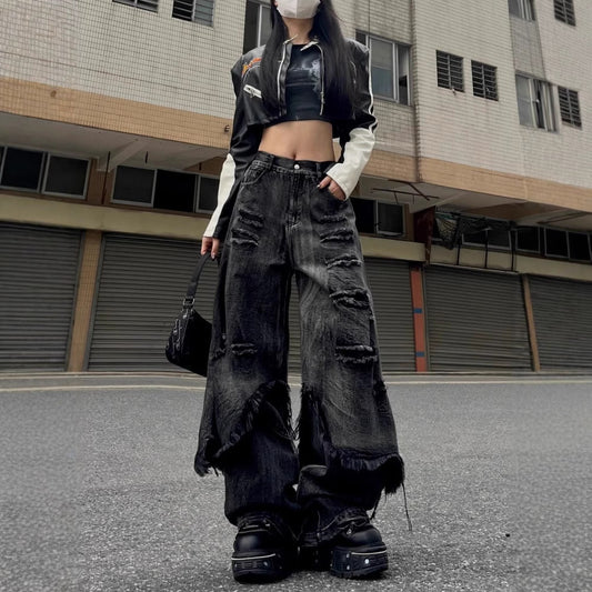 High Street Distressed Cargo Jeans Wide Leg Trousers