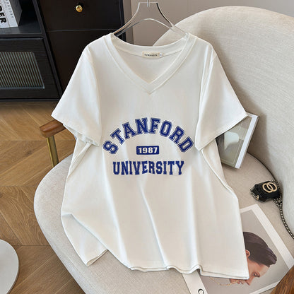 V-neck New Plus-sized Plus Size Slimming Loose Mid-length Short Sleeve