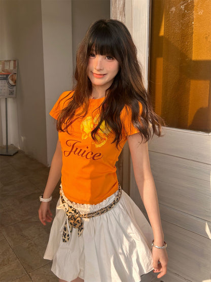 All-matching Summer Orange Printed Short Sleeve