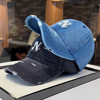 Embroidered Denim Letter Baseball Women's Ripped Peaked Cap Sun Hat