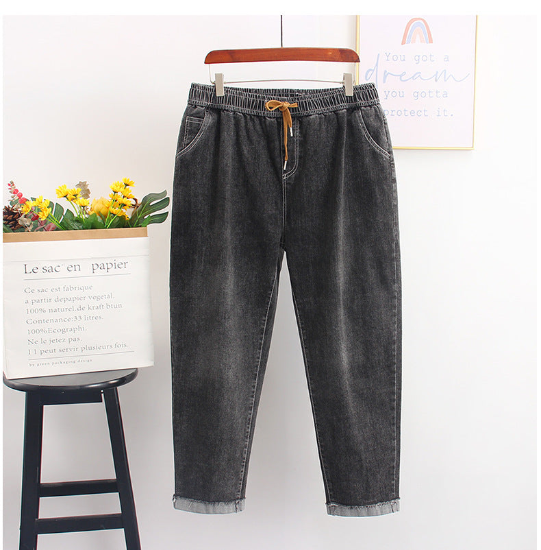 Elastic Waist Loose Wide Leg Jeans Extra Large Size Straight-leg Pants High Elastic