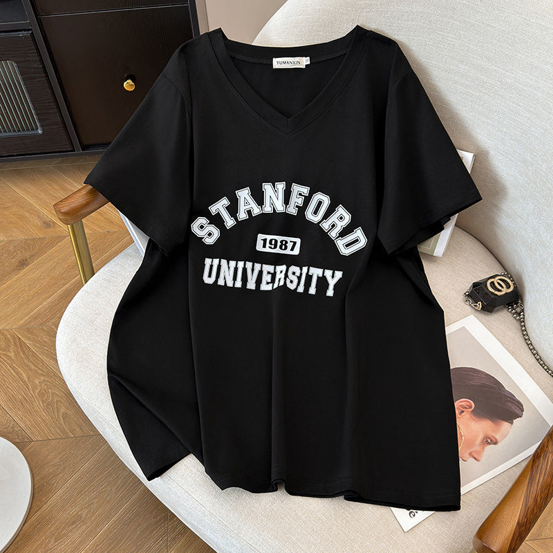 V-neck New Plus-sized Plus Size Slimming Loose Mid-length Short Sleeve