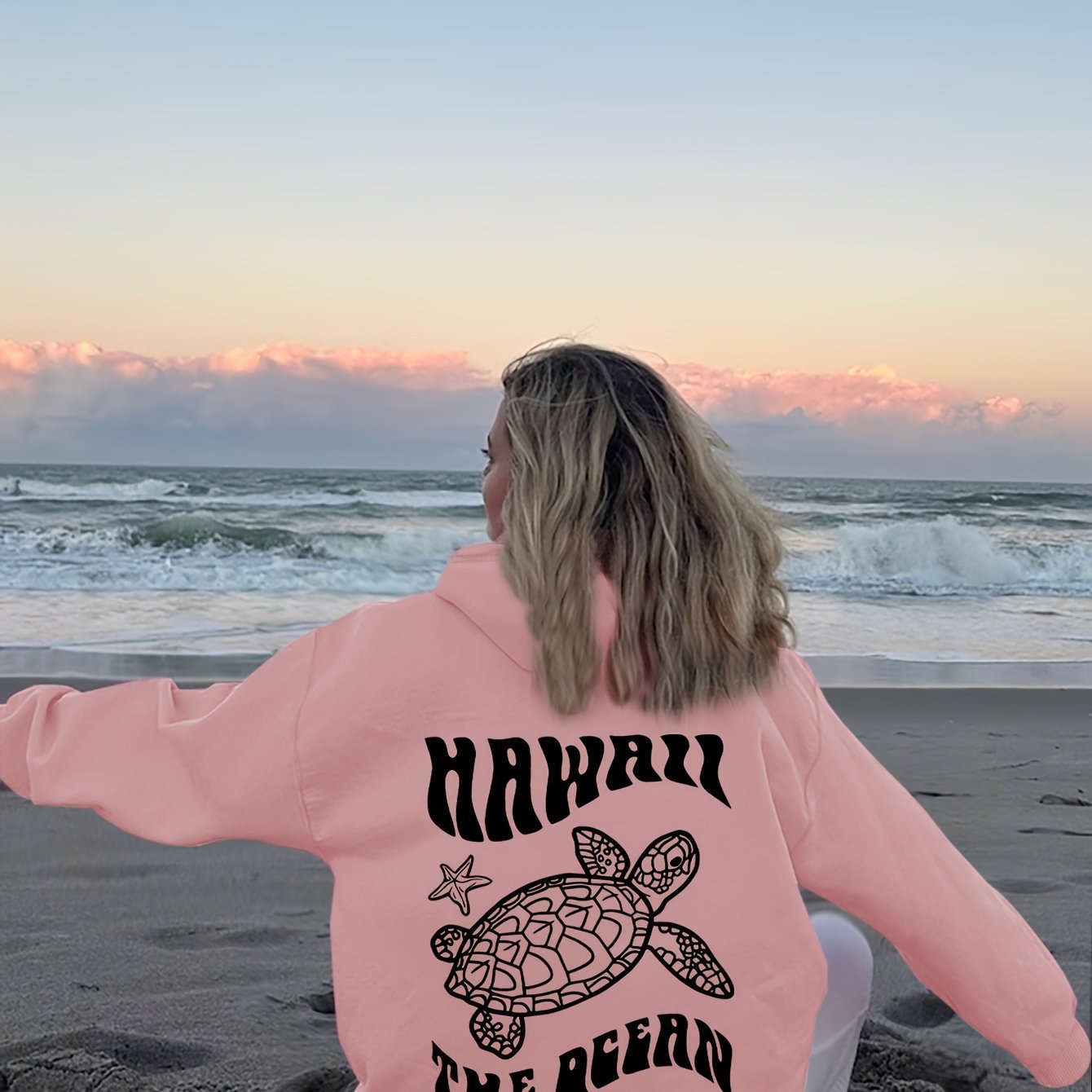 Comfortable Suede Hoodie Turtle And Starfish Pattern Sweater