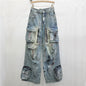 Street Style Design Graffiti Multi-pocket Blue Wide Leg Jeans