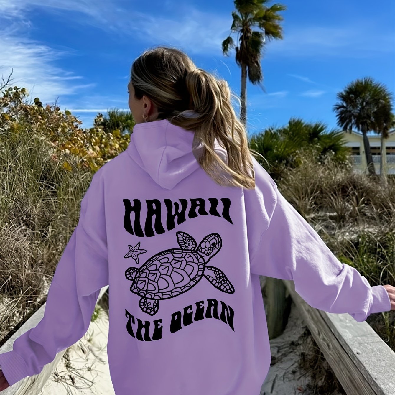 Comfortable Suede Hoodie Turtle And Starfish Pattern Sweater