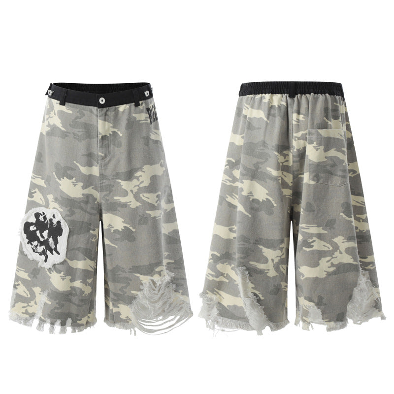 American Style Hip Hop Character Paste Cloth Embroidery Camouflage Shorts