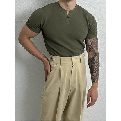 Knitwear Men's Henry Collar Button Slim Fit Business Ice Silk