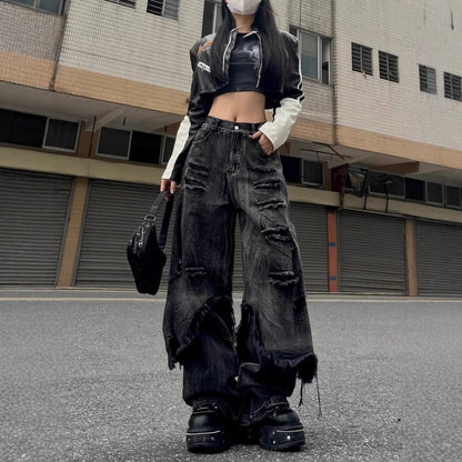 High Street Distressed Cargo Jeans Wide Leg Trousers