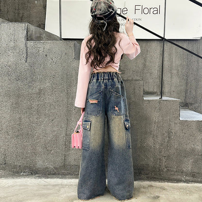 Girls' Fashionable Gradually Varied Pink Broken Holes Pants