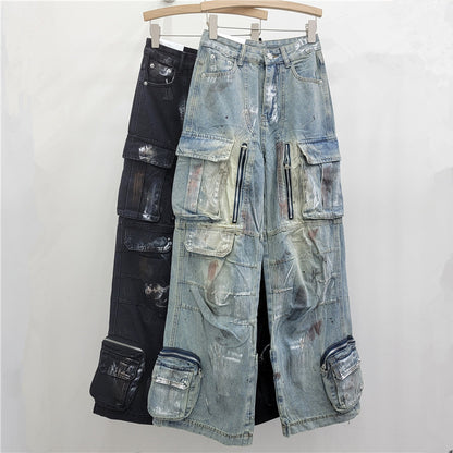 Street Style Design Graffiti Multi-pocket Blue Wide Leg Jeans