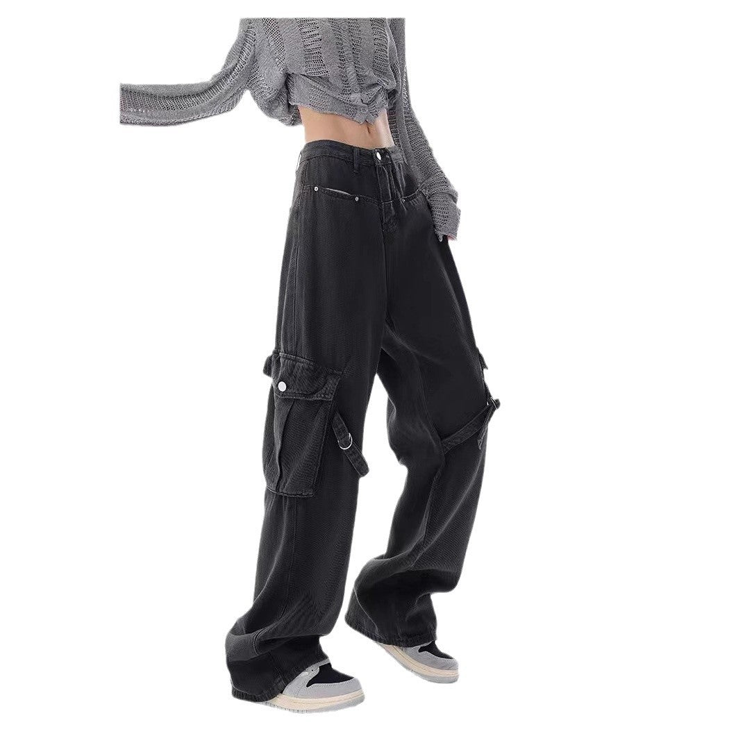 Slimming Large Pocket Design High Waist Straight Wide Leg Jeans