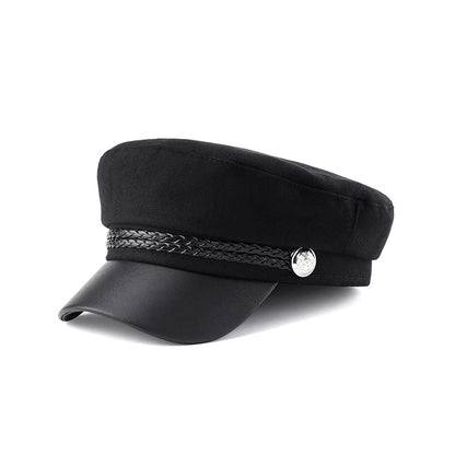 Black Beret British Retro Woolen Navy Flat-top Cap