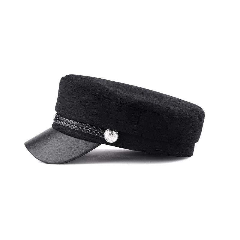 Black Beret British Retro Woolen Navy Flat-top Cap