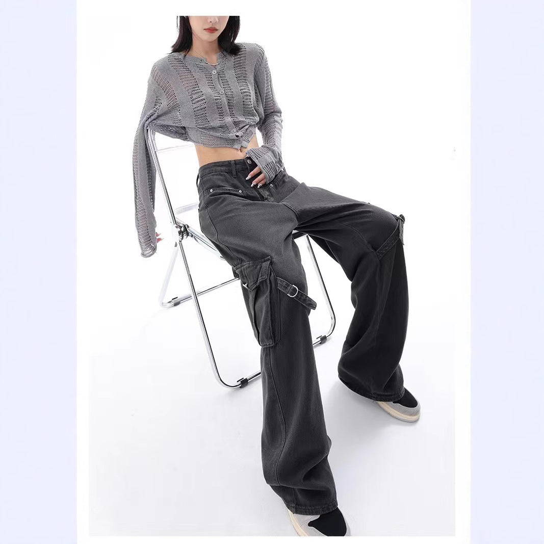 Slimming Large Pocket Design High Waist Straight Wide Leg Jeans
