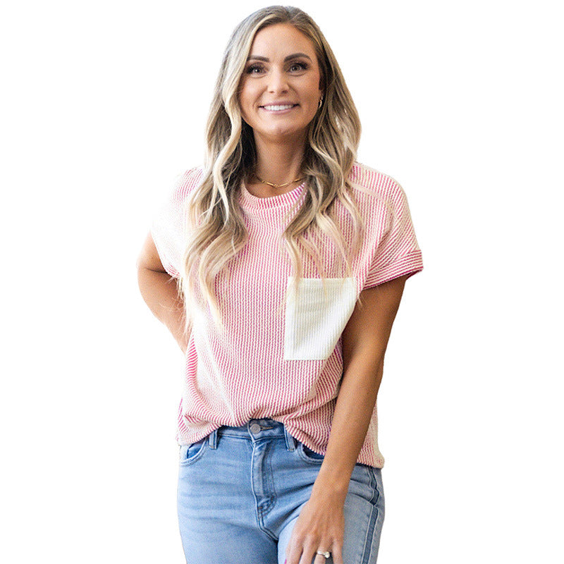 Casual Simple All-match Loose Pullover Women's New Color Matching Patch Pocket Round Neck Short Sleeve T-shirt