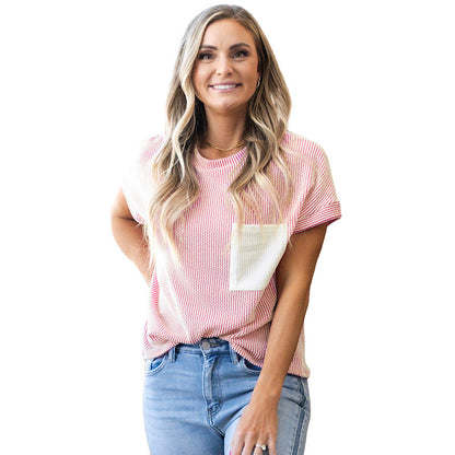 Casual Simple All-match Loose Pullover Women's New Color Matching Patch Pocket Round Neck Short Sleeve T-shirt