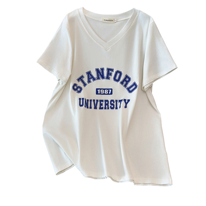 V-neck New Plus-sized Plus Size Slimming Loose Mid-length Short Sleeve