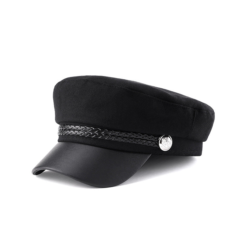 Black Beret British Retro Woolen Navy Flat-top Cap