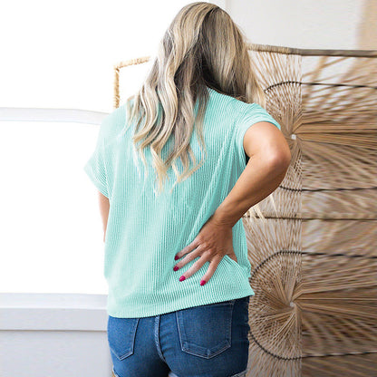 Casual Simple All-match Loose Pullover Women's New Color Matching Patch Pocket Round Neck Short Sleeve T-shirt