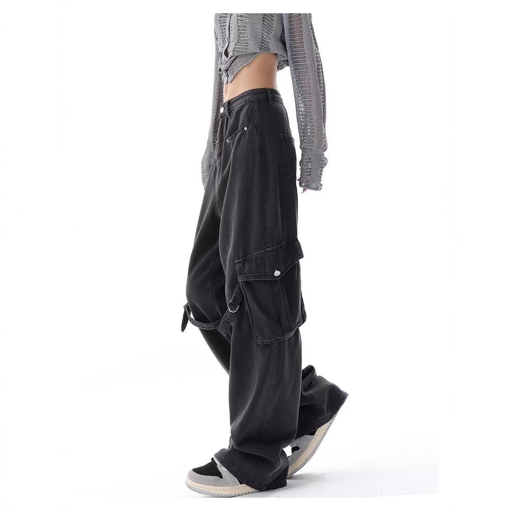 Slimming Large Pocket Design High Waist Straight Wide Leg Jeans