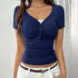 Solid Color Slim Lace Stitching V-neck Short Sleeve Top