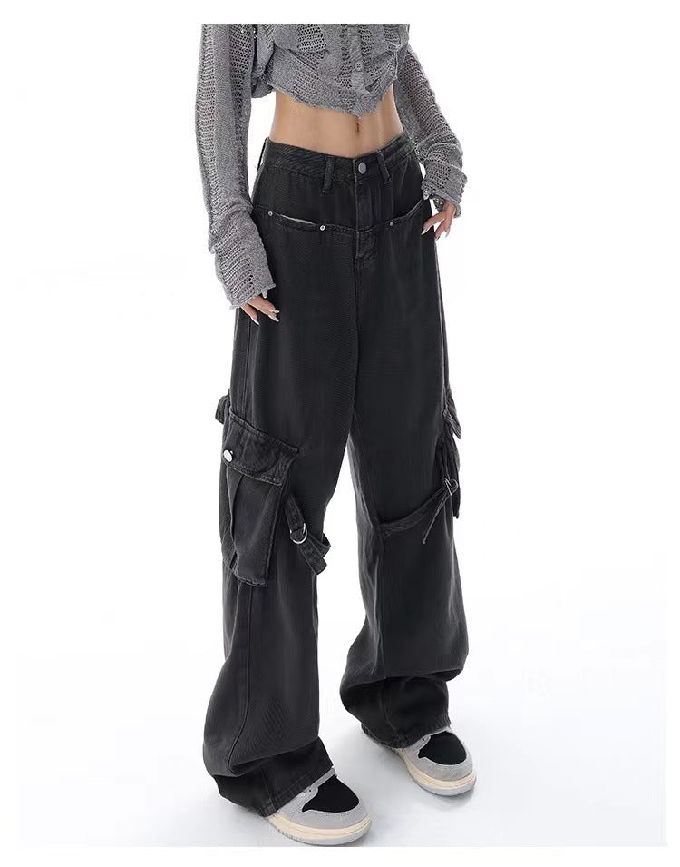 Slimming Large Pocket Design High Waist Straight Wide Leg Jeans