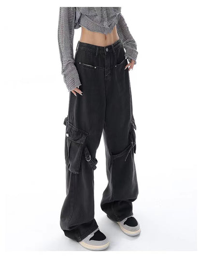 Slimming Large Pocket Design High Waist Straight Wide Leg Jeans