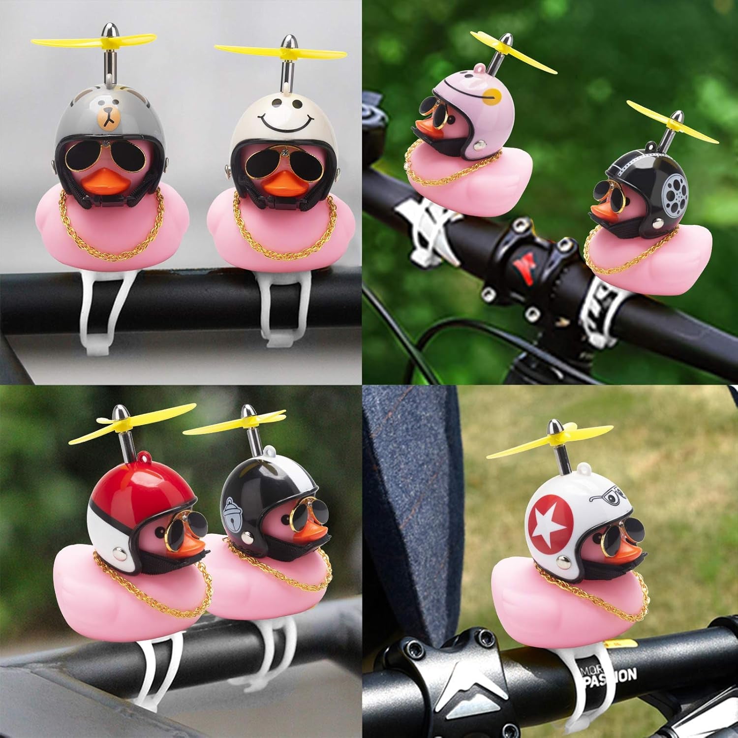 Rubber Duck Car Ornaments Pink Duck Bike Bell Cute Duck Car Dashboard Decorations Squeeze Duck Bicycle Horns with Propeller Helmet, Bandage and Gold Chain
