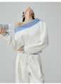 Two Piece Set Of Blue And White Striped Collared Sloping Shoulder Hoodie And Wide Leg Pants