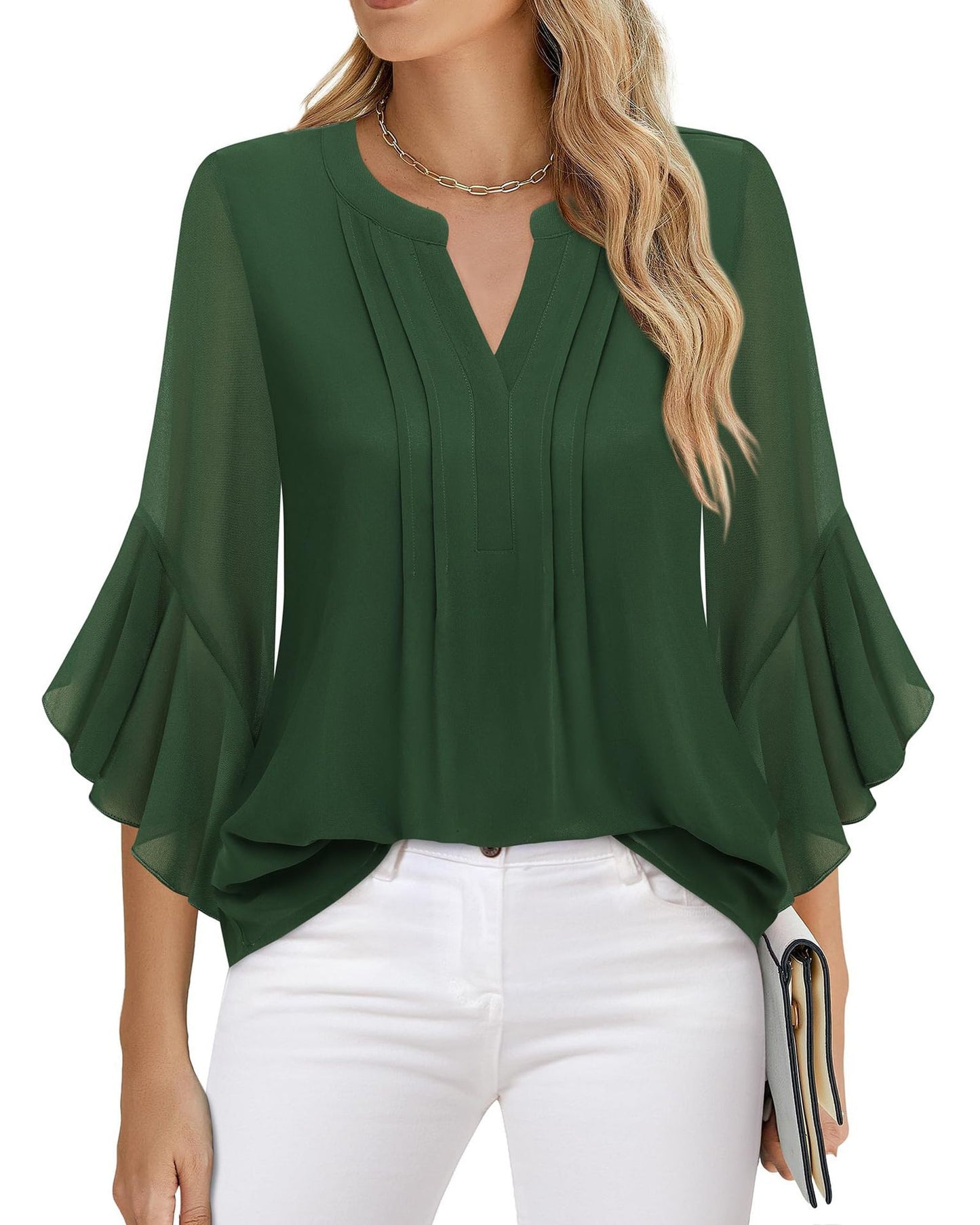 Women's Three-quarters Sleeve Tops Dressy Casual Business Work Blouses Chiffon Office Shirts