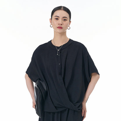 Loose Slimming Collar Decorated With Buttons Short Sleeve