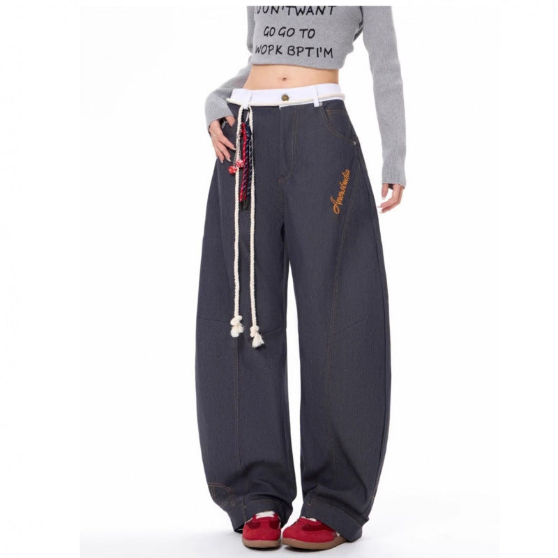 Same Retro Waist Strap Stitching Double Waist Machete Jeans