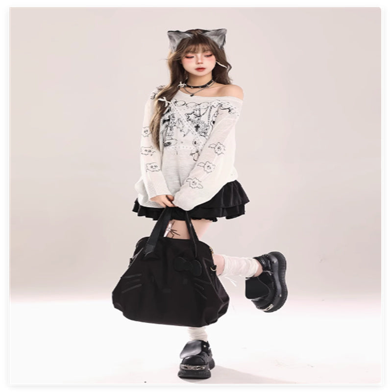 Retro Graffiti Lace Shoulder Knitted Hoodie Long Sleeve T-shirt For Women