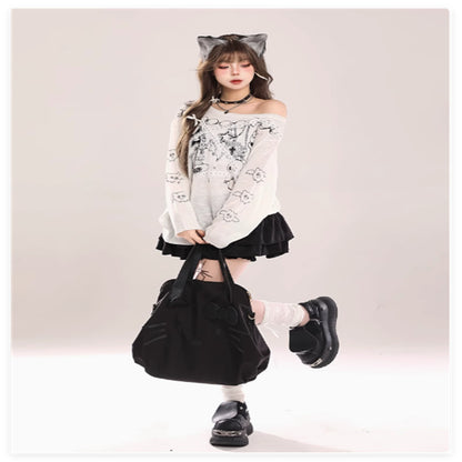 Retro Graffiti Lace Shoulder Knitted Hoodie Long Sleeve T-shirt For Women