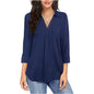 Ladies' Solid Color V-neck Seven Quarter Sleeved Shirt Top With Elegant Chiffon Stitching