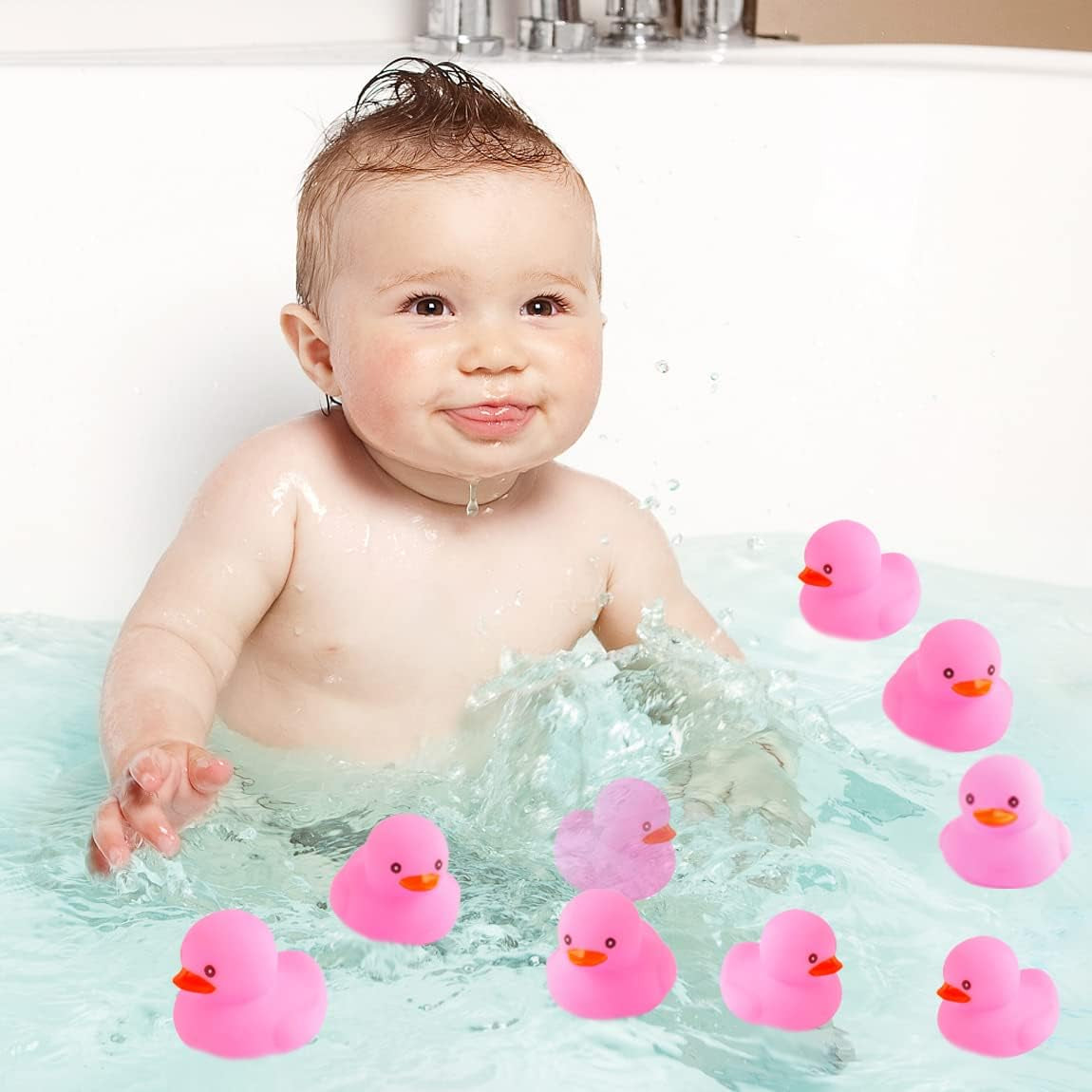 Pink Rubber Ducks Preschool Bath Toys Bathtub Duckies Gift for Baby Shower Infants Toddlers Car Pool Float Halloween Adults Party Favors Carnival Decorations (Small Pink 2.2''-12Pcs)