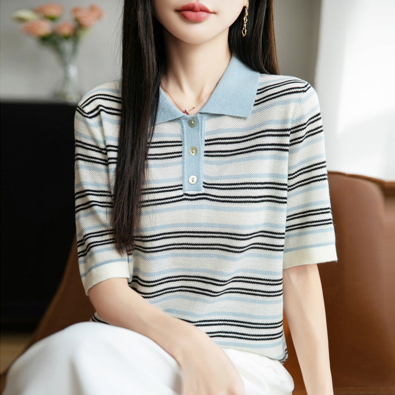 Worsted Wool Lapel Knitwear Short Sleeve