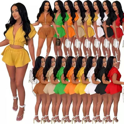 European And American Women's Clothing Spring And Summer New Hooded Zipper Short Sleeve Two-piece Set