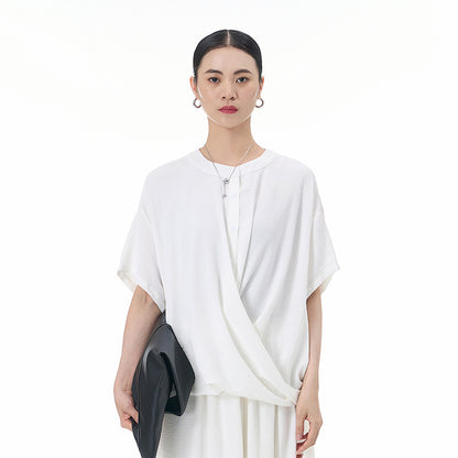 Loose Slimming Collar Decorated With Buttons Short Sleeve