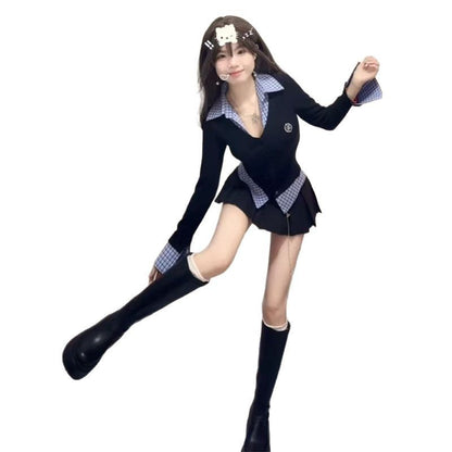 Fake Two-piece Plaid Long-sleeved T-shirt For Women Early Spring