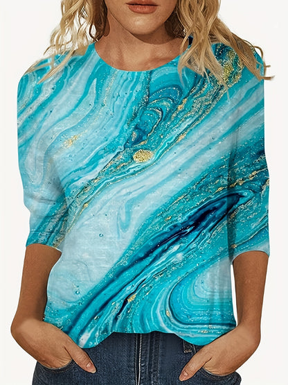 European And American Flower Plant Printed Round Neck Long Sleeve