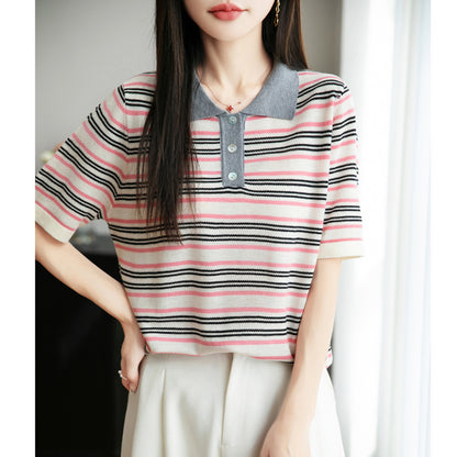 Worsted Wool Lapel Knitwear Short Sleeve