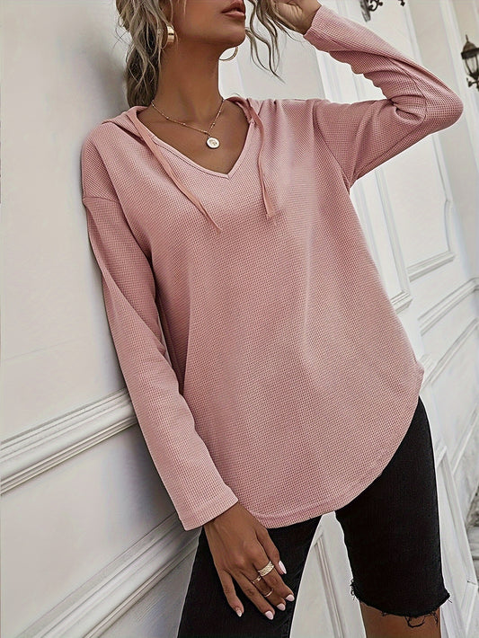 Elegant Beige Hanky Hem V-Neck Hoodie For Women