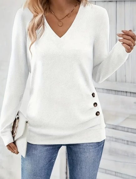 Button Front V Neck Long Sleeve Blouse, Women's Clothing