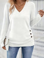 Button Front V Neck Long Sleeve Blouse, Women's Clothing